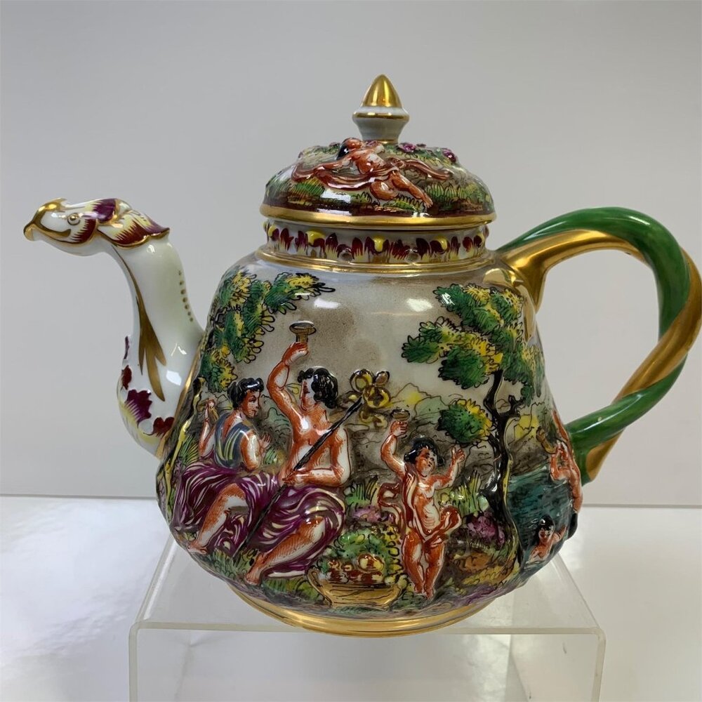 Antique RARE Capodimonte Pot Italy Putti Cherub Serpent Twist Handle Hand Paint